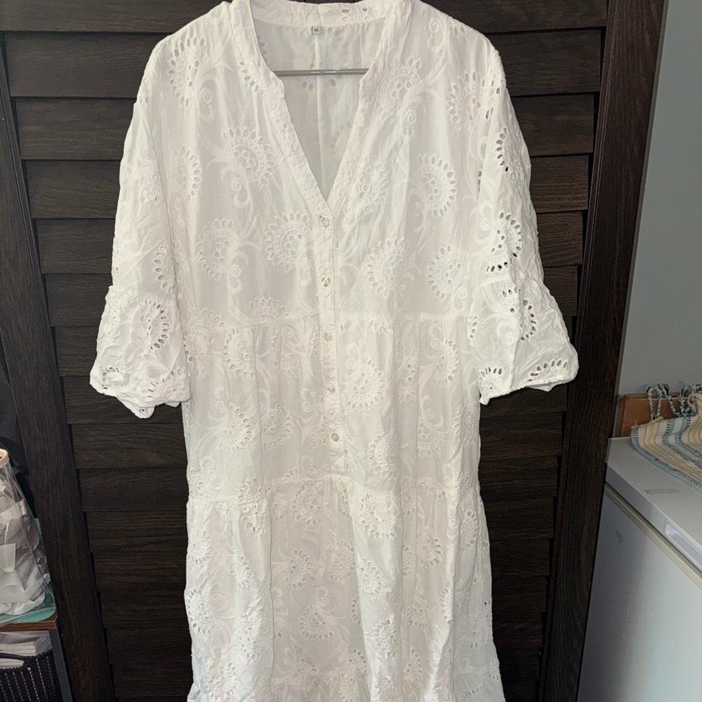 Women’s White Eyelet Tiered Button-Front Dress